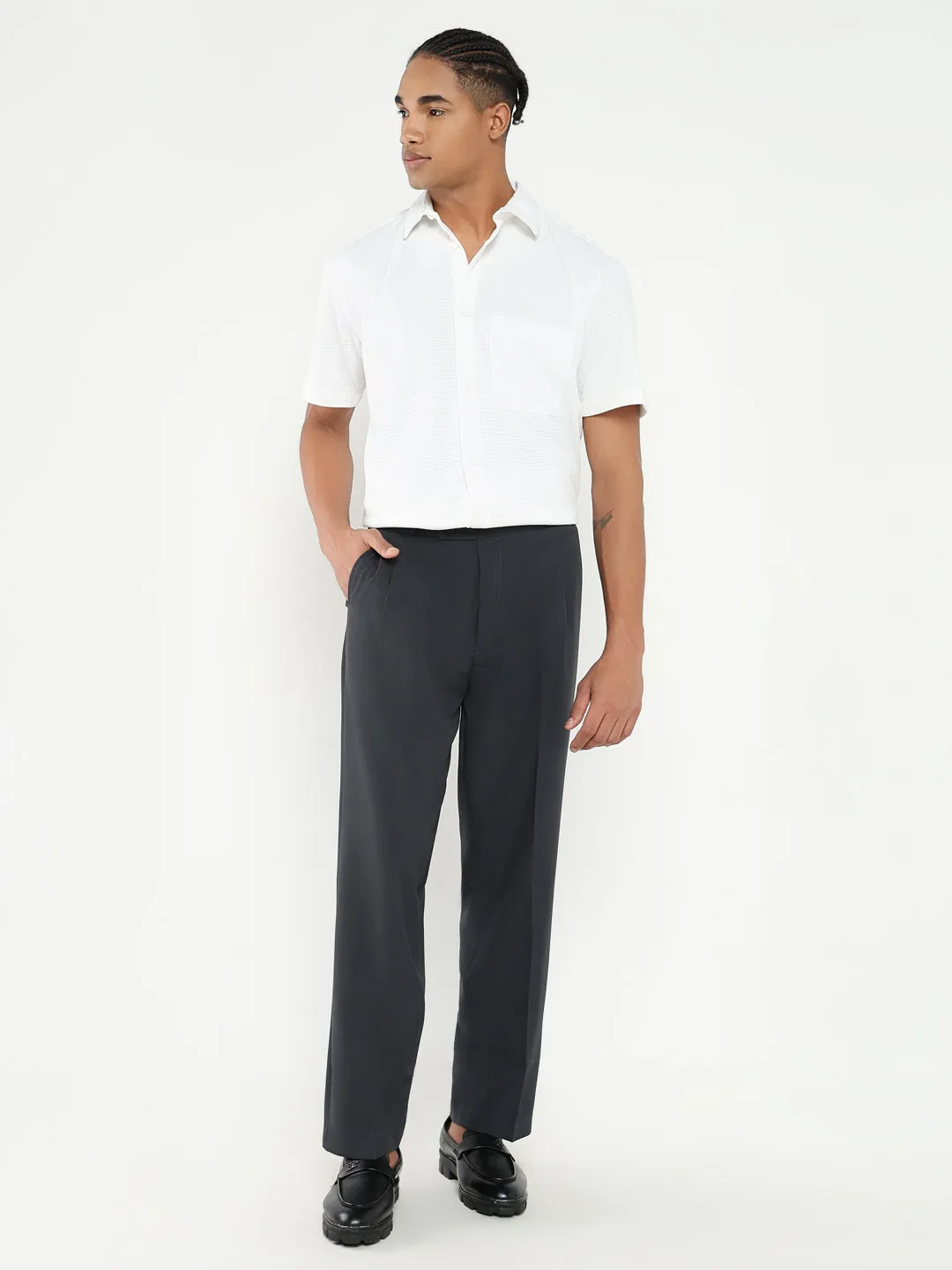 Men Navy Blue Solid Formal Trousers