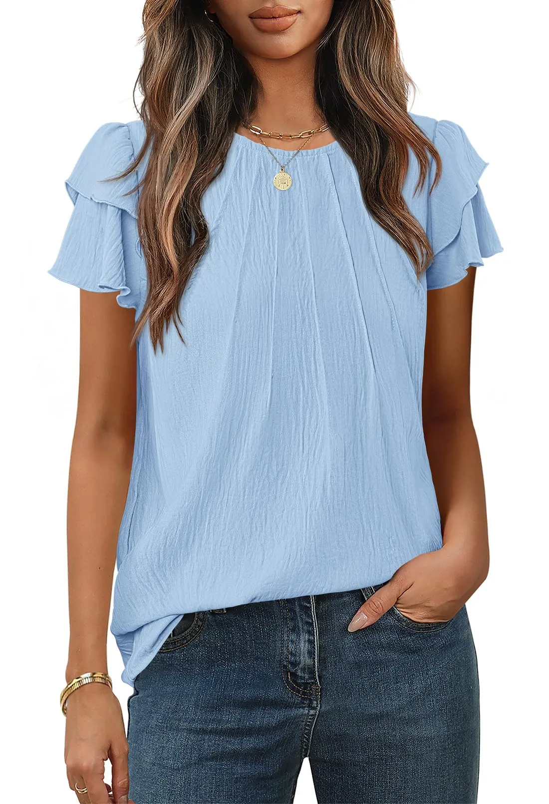 MEROKEETY Ruffle Blouse Cute Crew Neck Dressy Flowy Tops