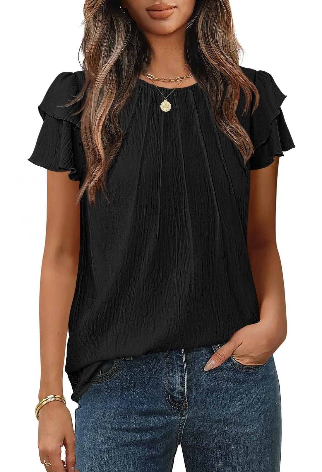 MEROKEETY Ruffle Blouse Cute Crew Neck Dressy Flowy Tops