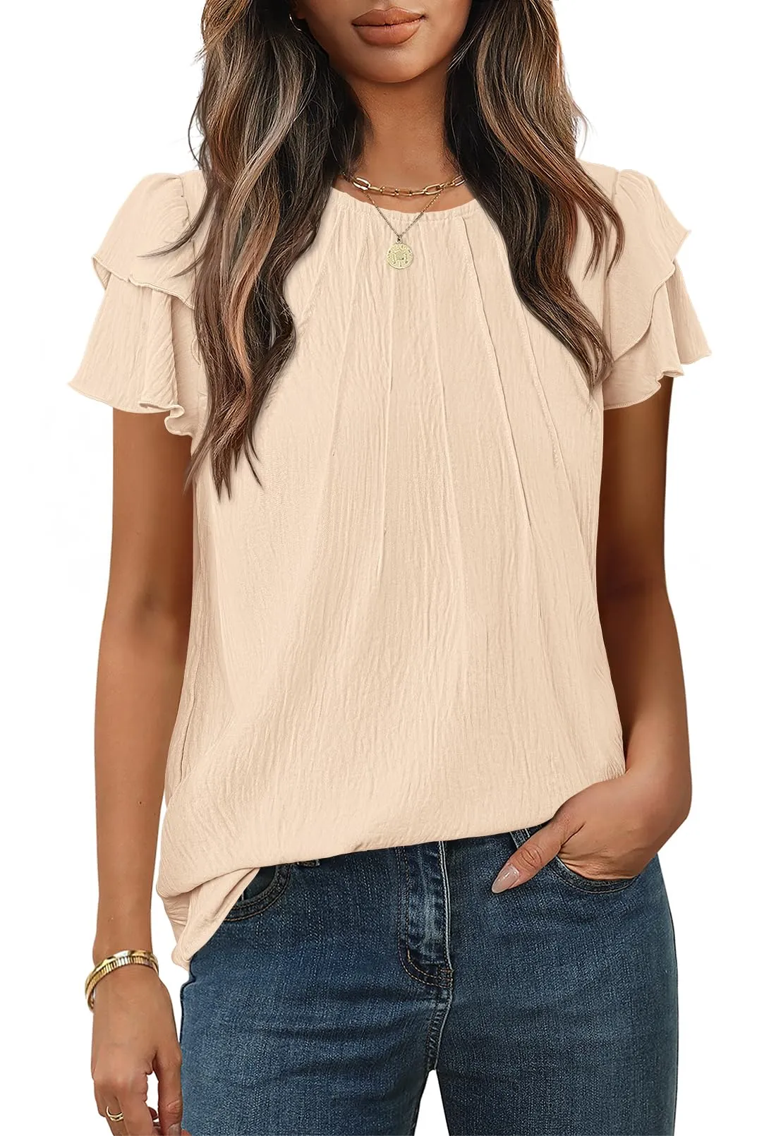 MEROKEETY Ruffle Blouse Cute Crew Neck Dressy Flowy Tops