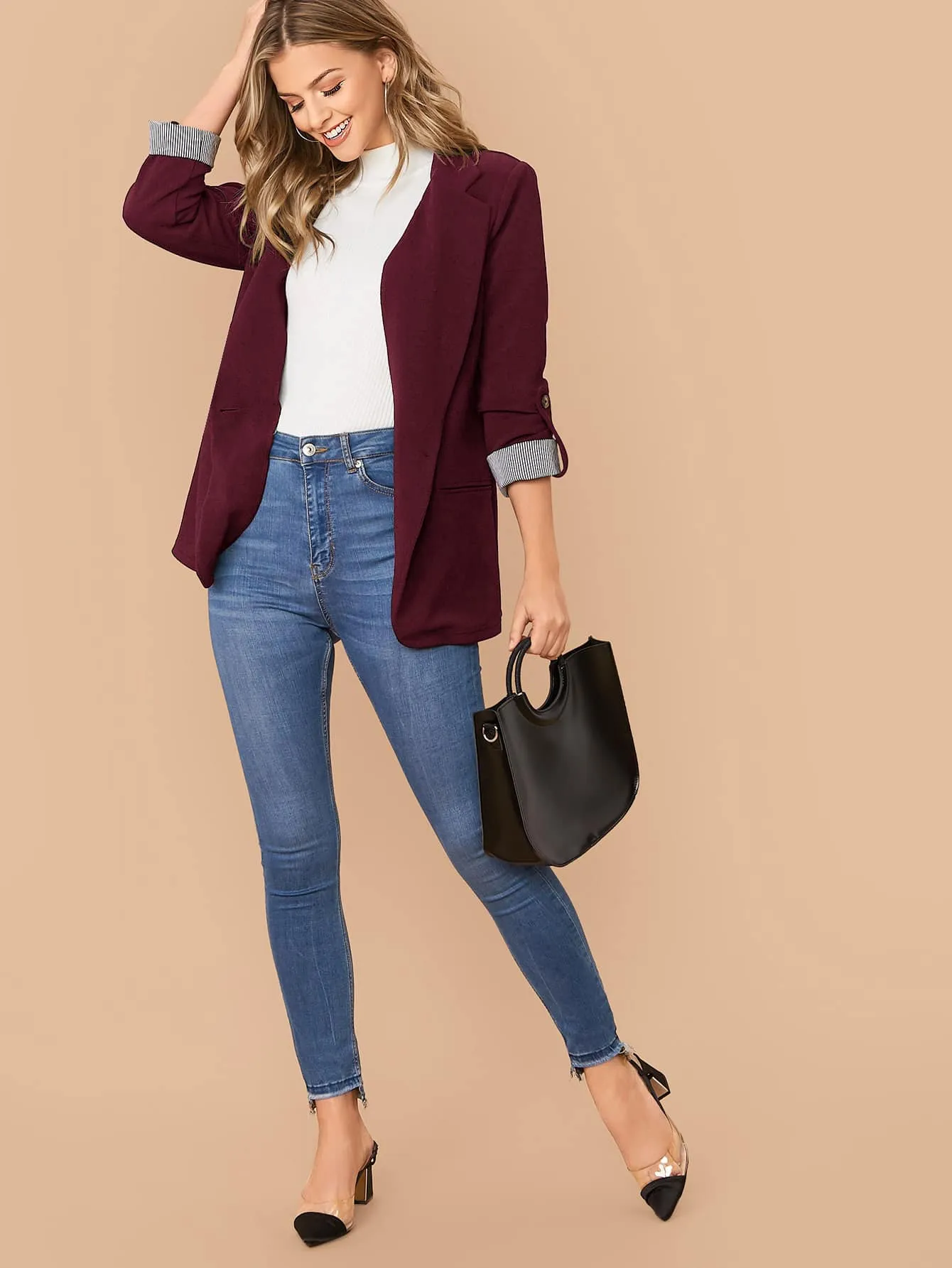 Notch Collar Roll Tab Sleeve Blazer