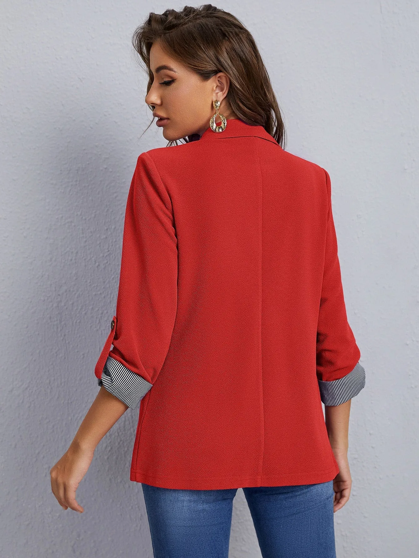 Notch Collar Roll Tab Sleeve Blazer