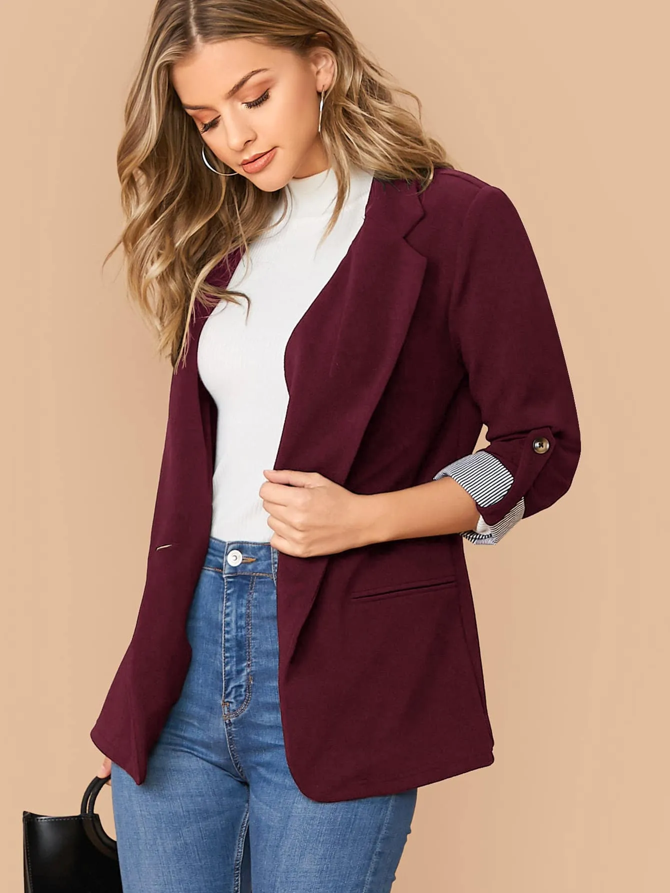 Notch Collar Roll Tab Sleeve Blazer