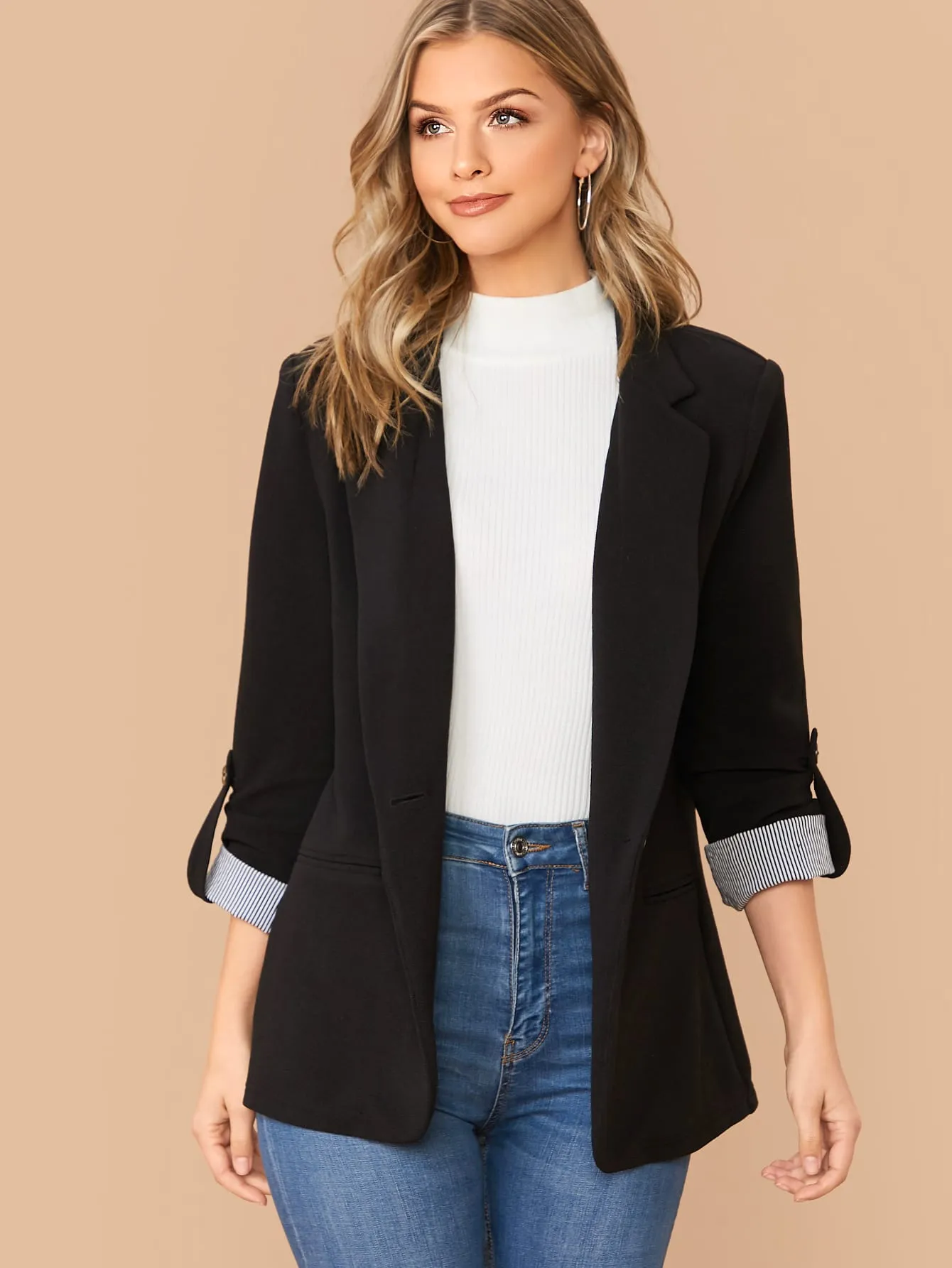 Notch Collar Roll Tab Sleeve Blazer