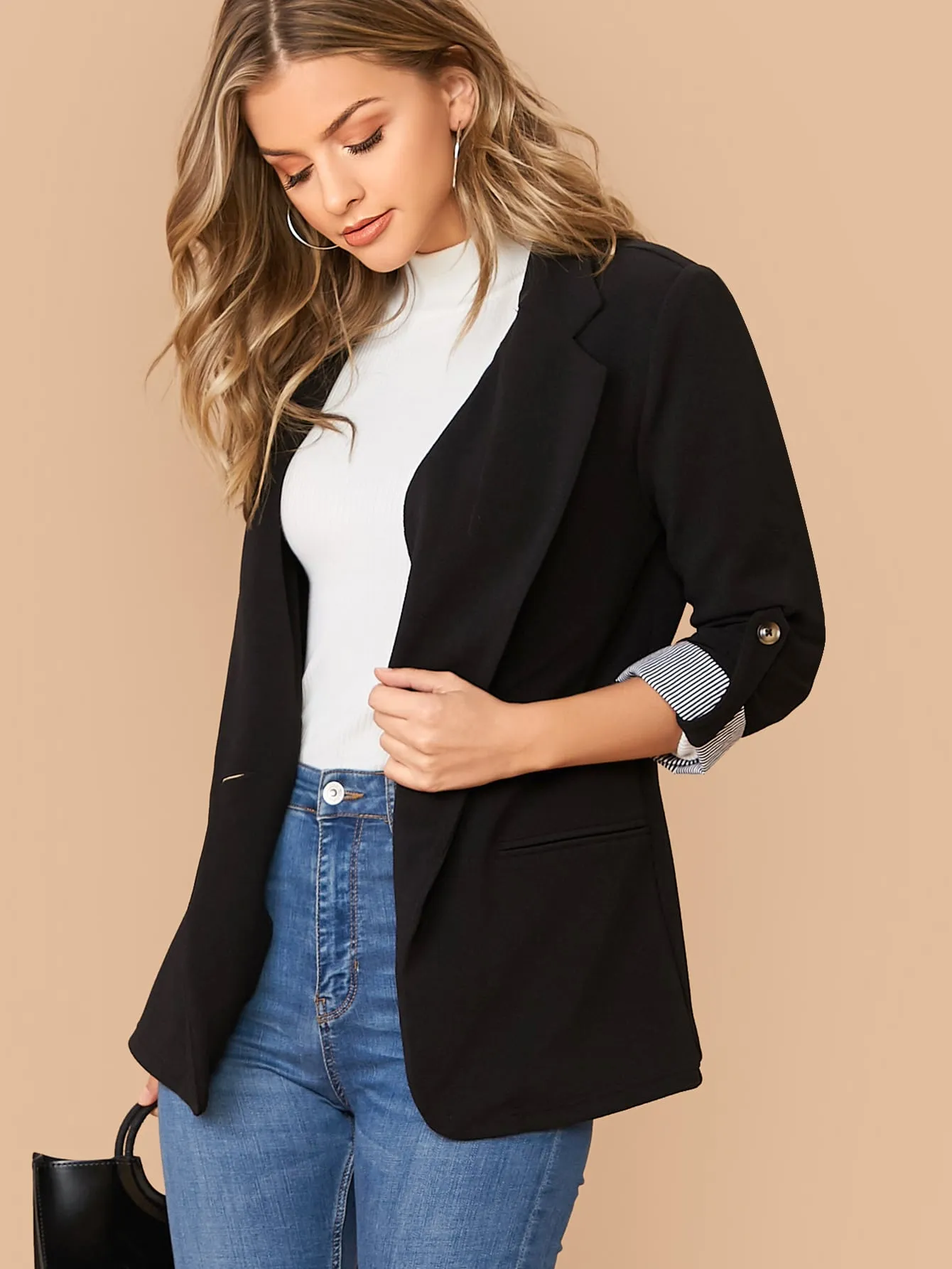 Notch Collar Roll Tab Sleeve Blazer