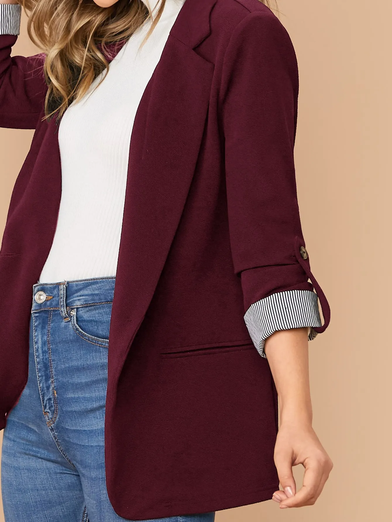 Notch Collar Roll Tab Sleeve Blazer