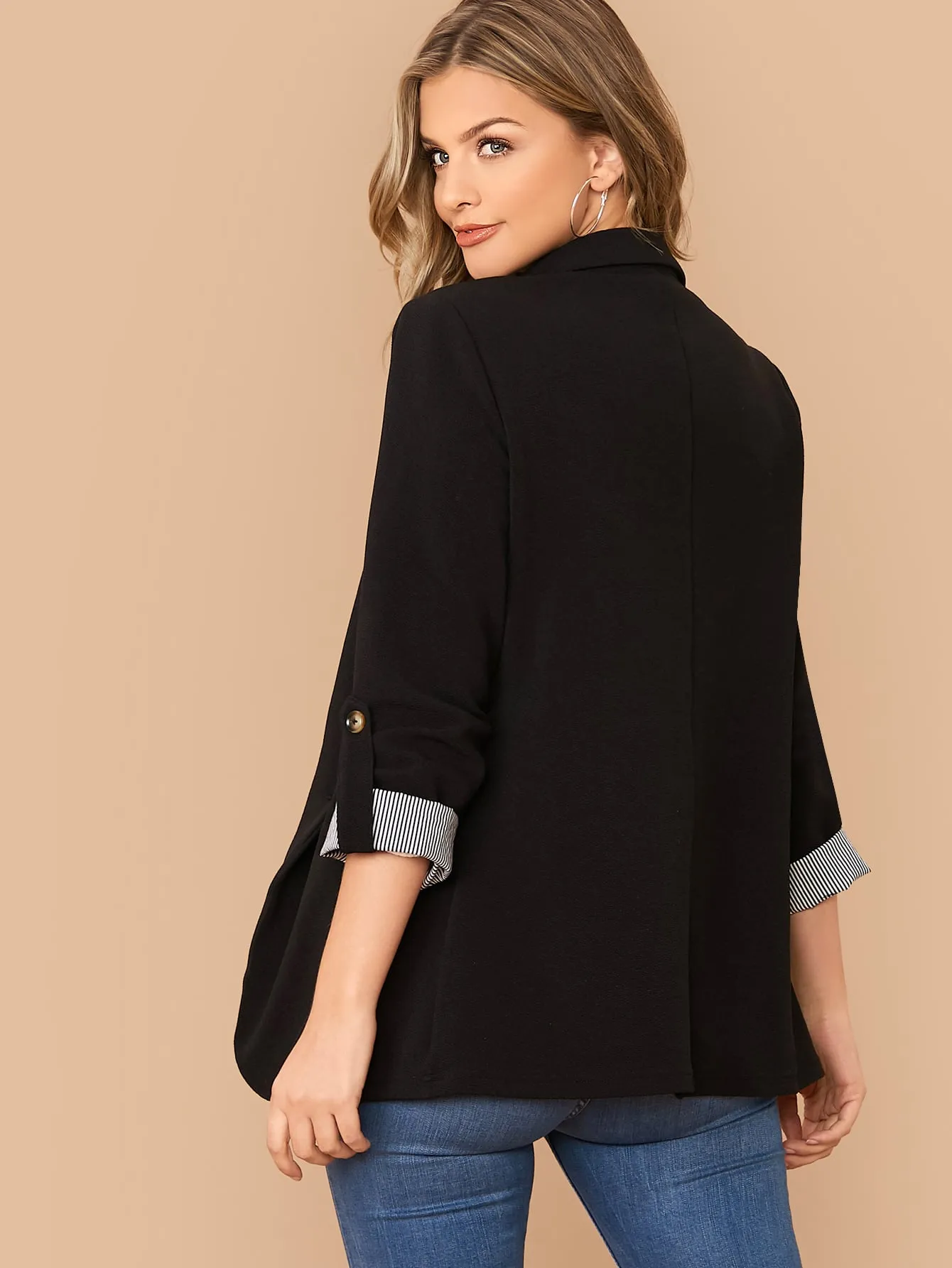 Notch Collar Roll Tab Sleeve Blazer