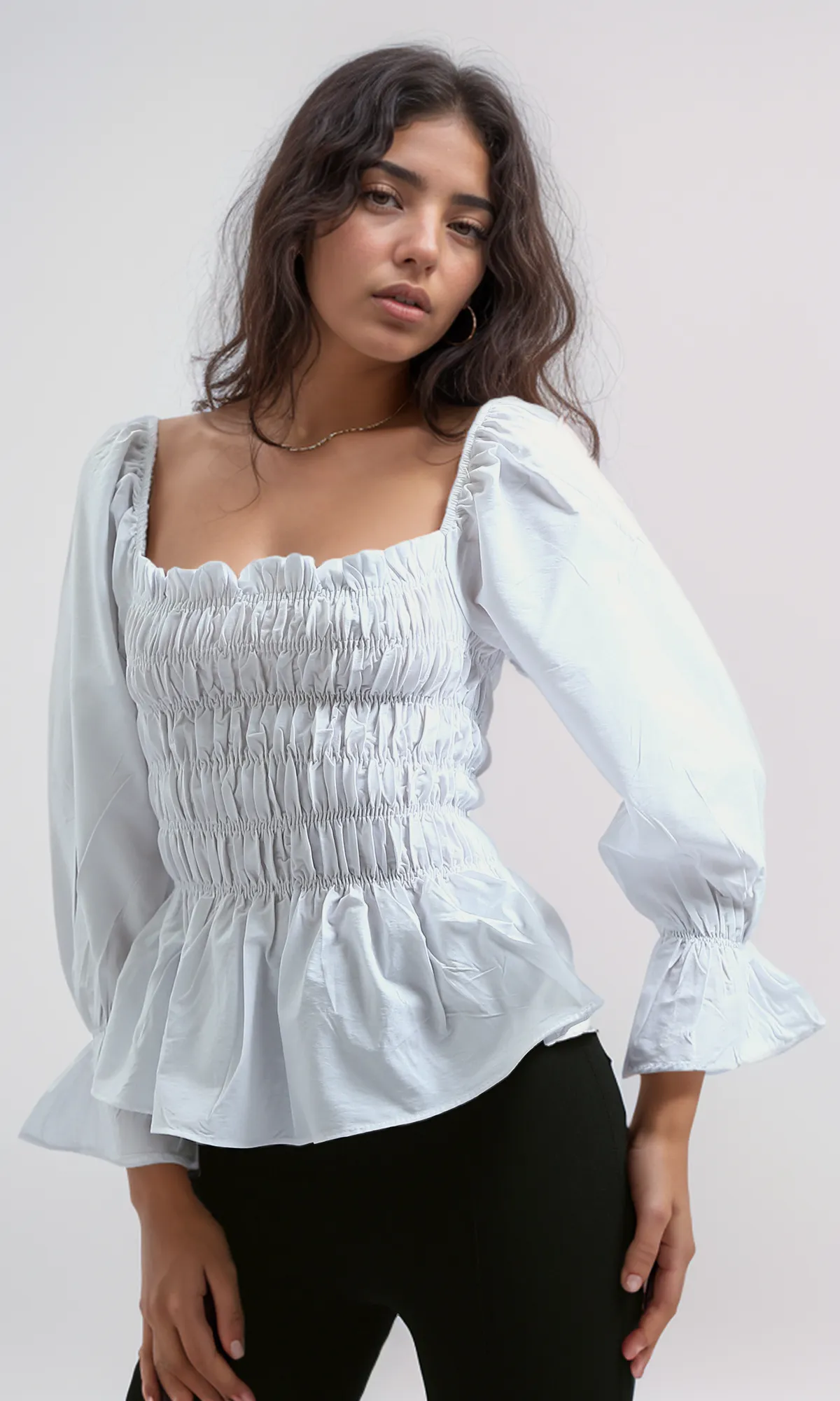 O189740 Peplum Blouses Square Neck White Ruffle Long Sleeve