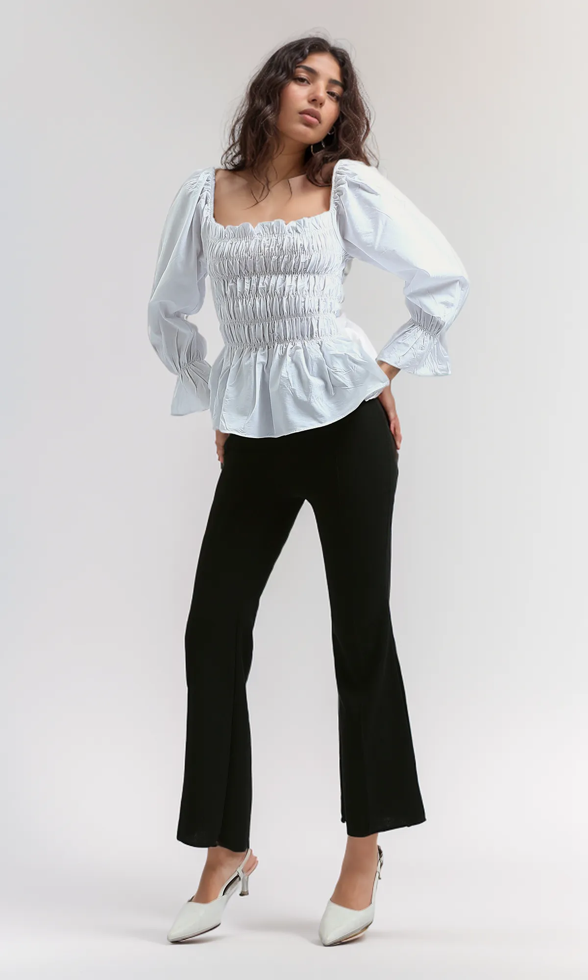 O189740 Peplum Blouses Square Neck White Ruffle Long Sleeve