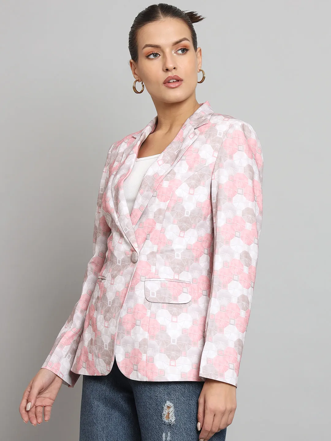 Pink Polyester Printed Notch Collar Blazer