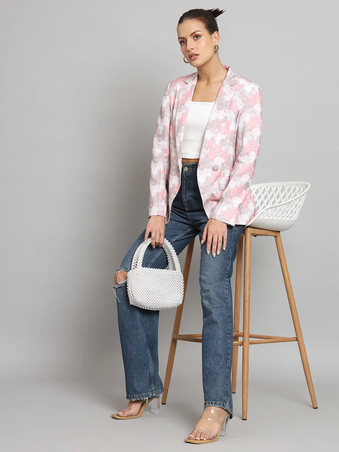 Pink Polyester Printed Notch Collar Blazer