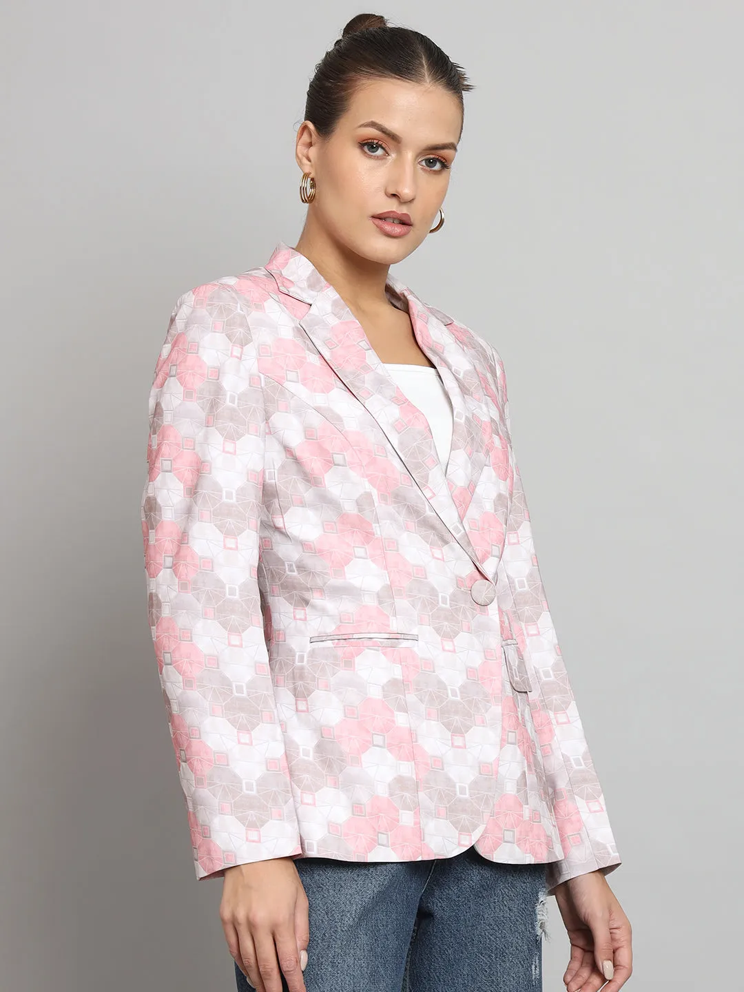 Pink Polyester Printed Notch Collar Blazer