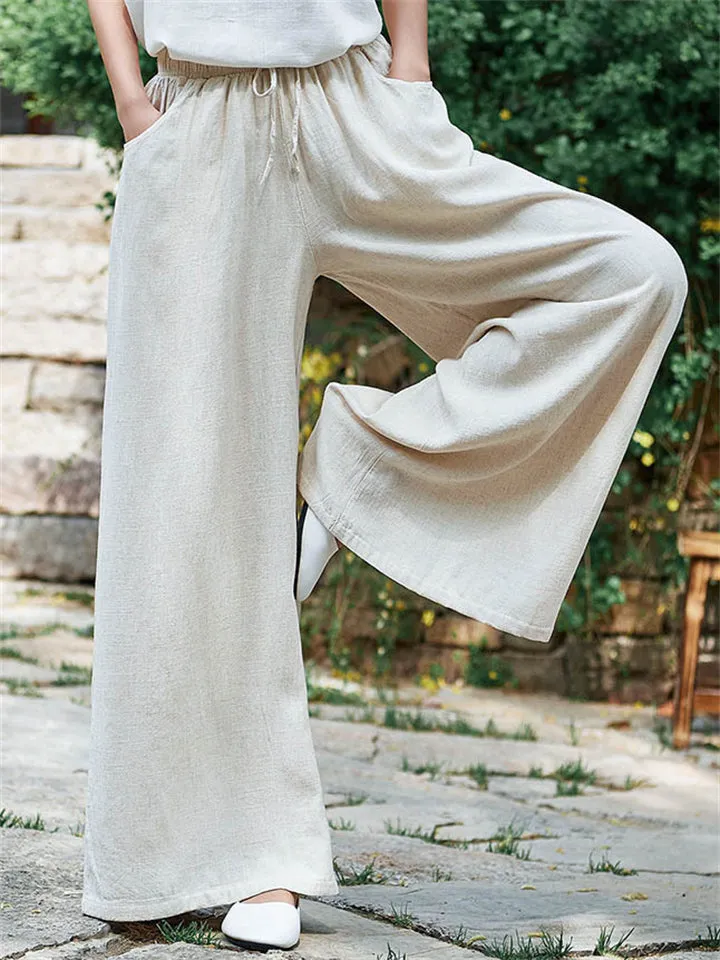 Plain Cozy Zen Linen Wide Leg Pants for Women