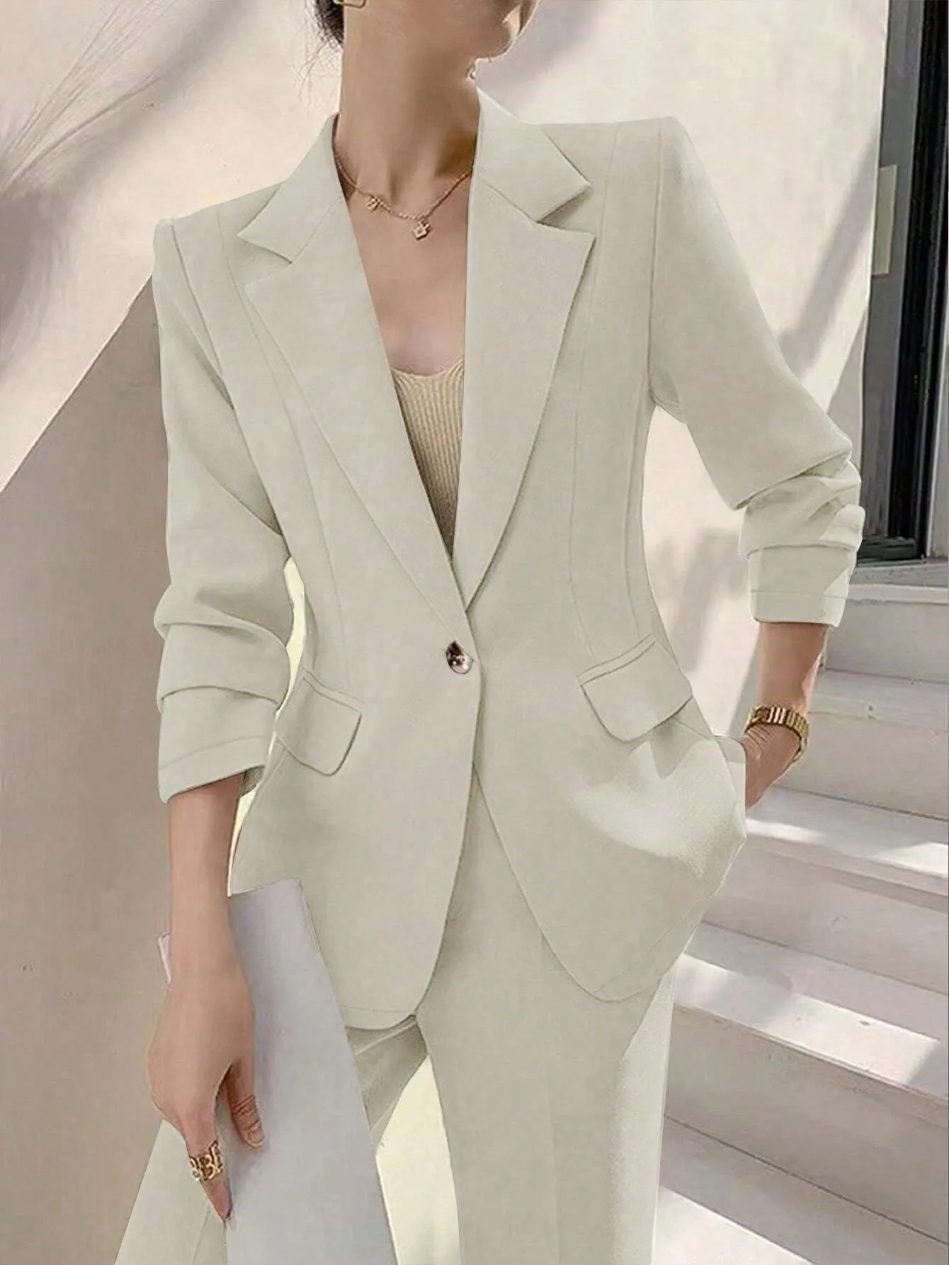 Privé Women's Solid Color Notched Collar Long Sleeve Button Front Pocket Blazer Jacket And Pants Suit Set