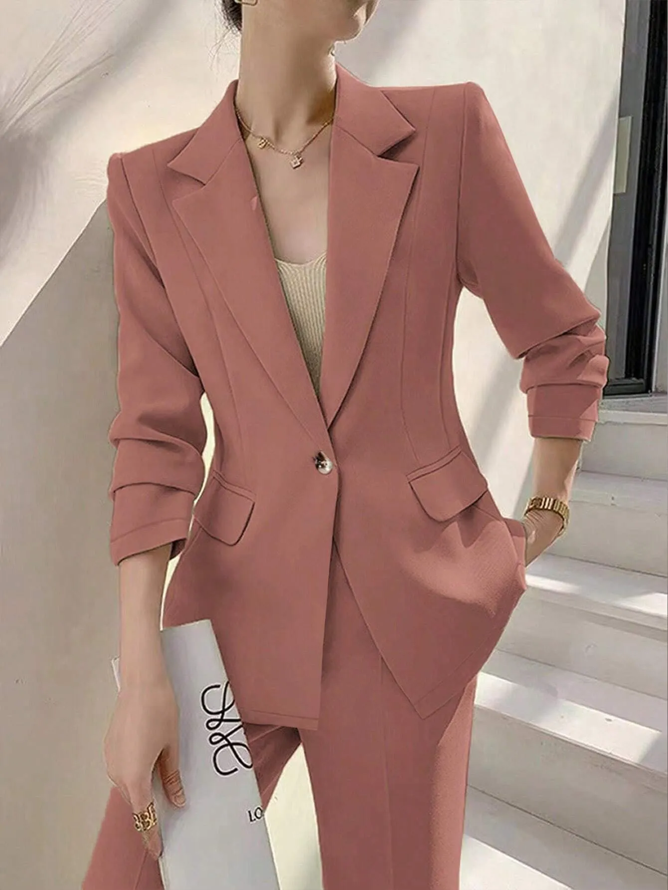 Privé Women's Solid Color Notched Collar Long Sleeve Button Front Pocket Blazer Jacket And Pants Suit Set