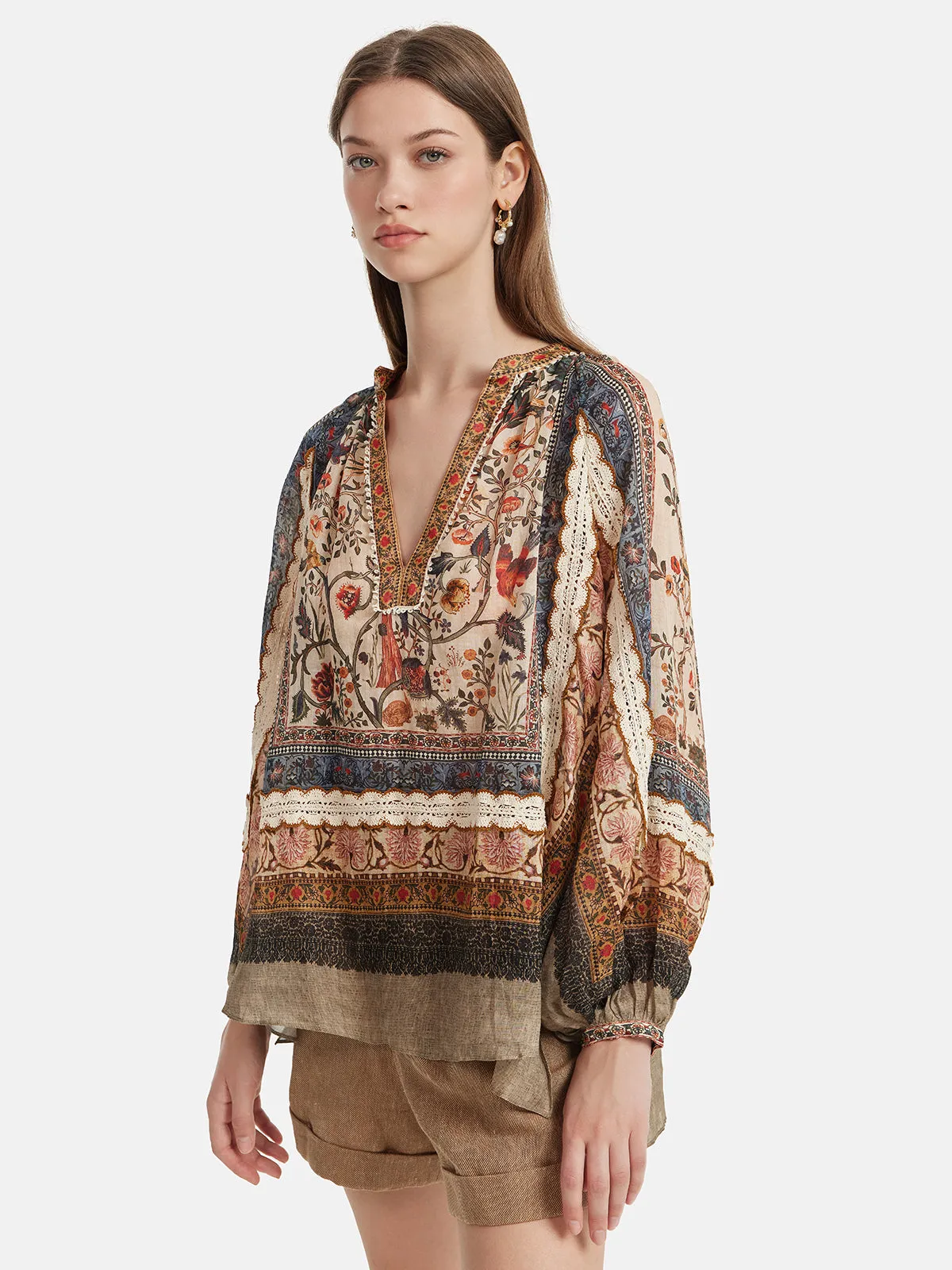 Ramie Print Lace Shirt