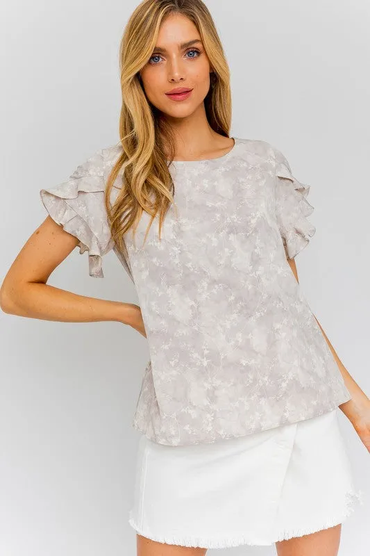 Ruffle Sleeve Ditsy Print Top