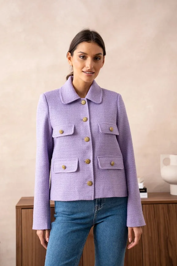 Straight Cut Plain Tweed Jacket Lilac