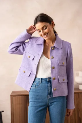 Straight Cut Plain Tweed Jacket Lilac