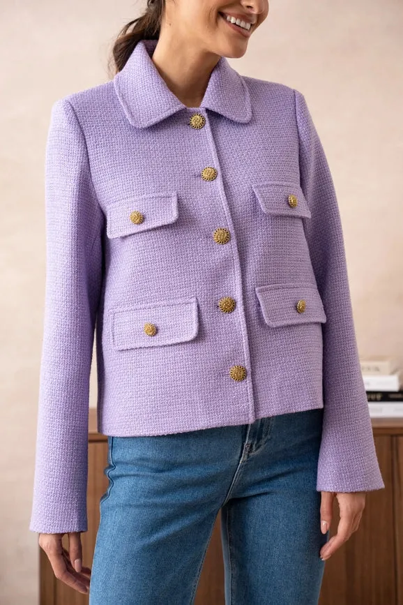 Straight Cut Plain Tweed Jacket Lilac