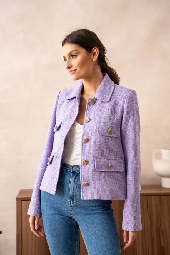 Straight Cut Plain Tweed Jacket Lilac