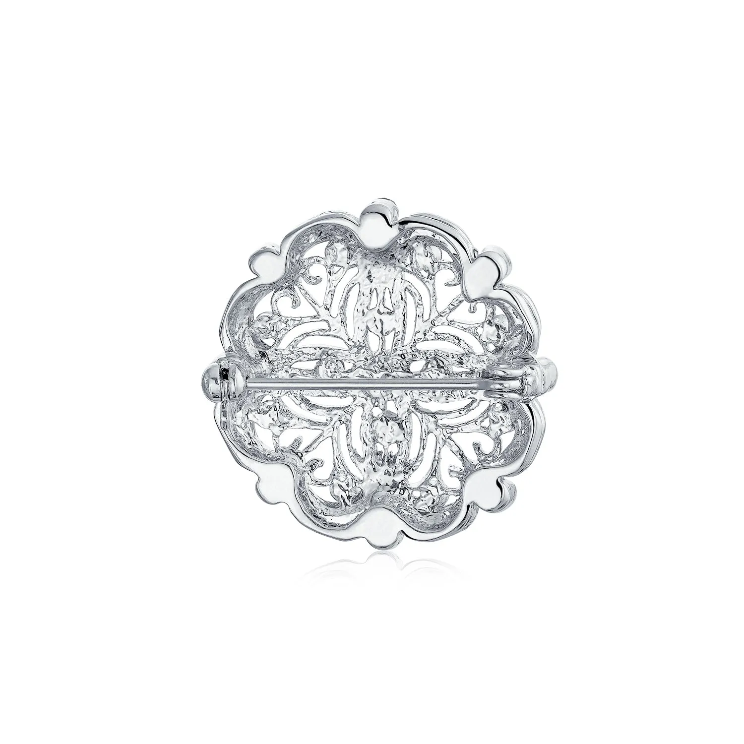 Vintage Antique Style Floral Heart Filigree CZ Brooche Pin Silver Brass