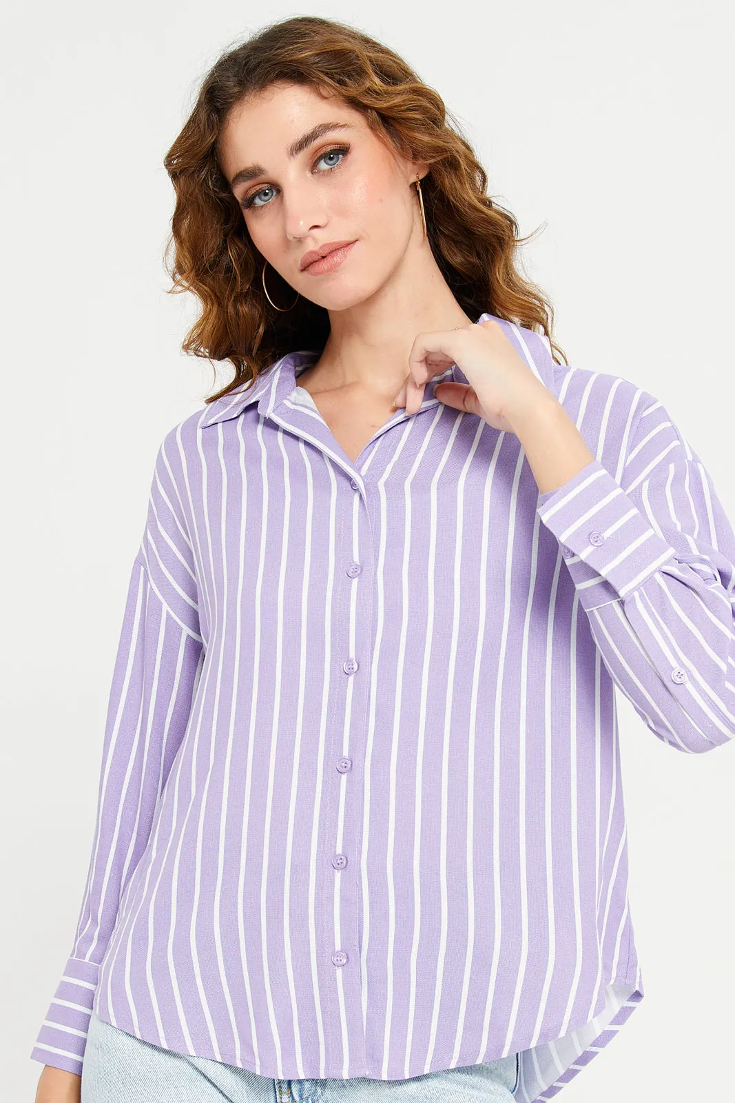 Women Lilac Striper Linen Blend Shirt