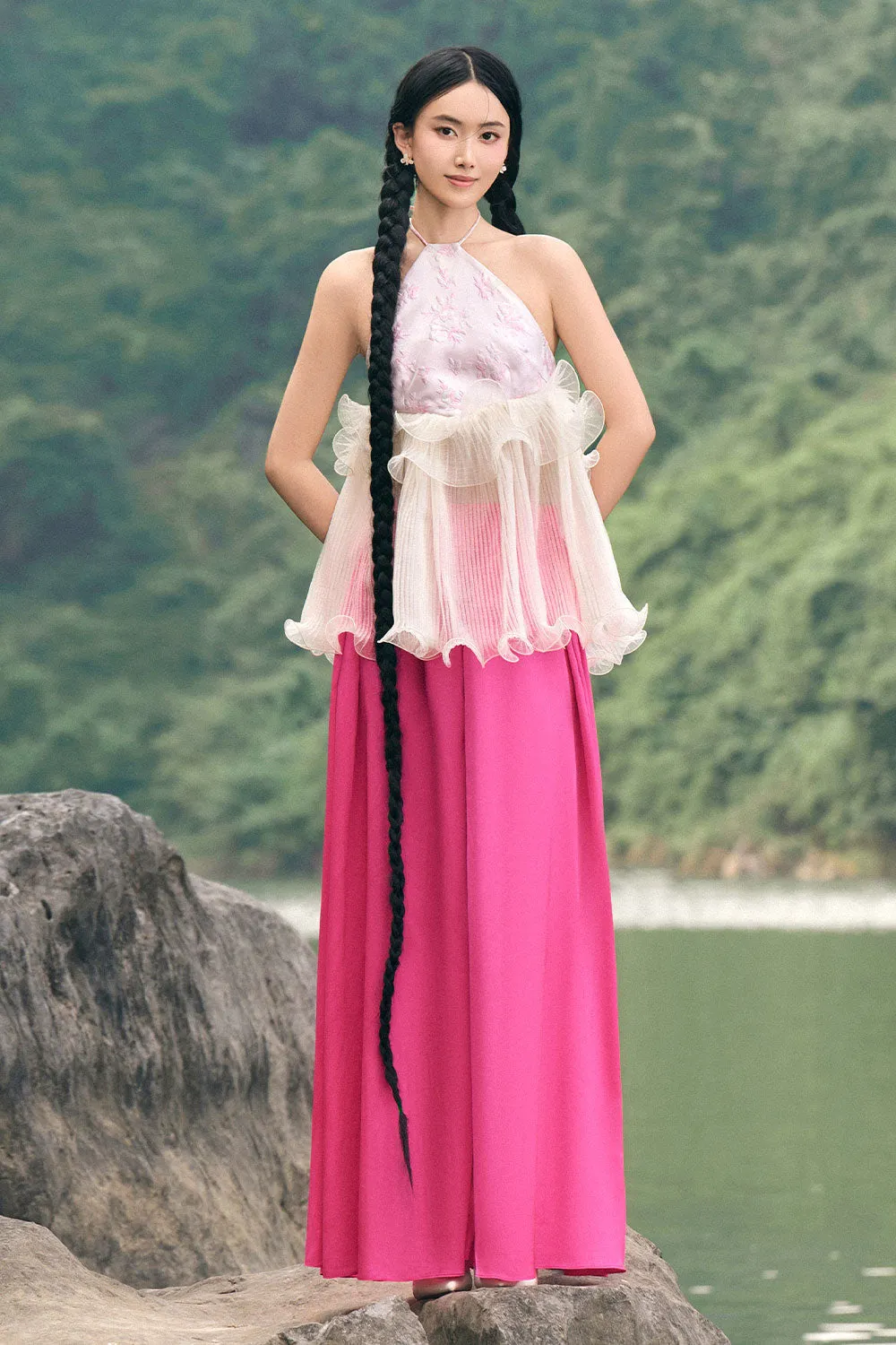 Xuan Hoa Halter Wide Leg Organza Floor Length Set